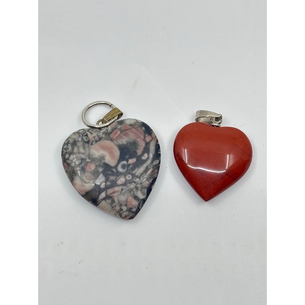 Natural Red Jasper and Fossil Stone Heart Pendant Charms Set of 2 Grey Red